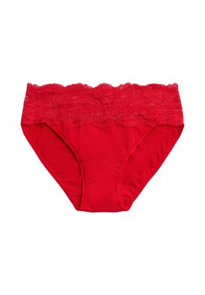 Bañador rojo de algodón con una ancha banda de encaje con patrón floral. La tela es suave, con un corte clásico y un ajuste cómodo.