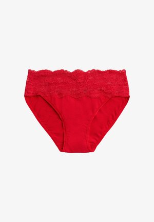 Bañador rojo de algodón con una ancha banda de encaje con patrón floral. La tela es suave, con un corte clásico y un ajuste cómodo.