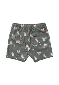 Green floral swim shorts featuring a butterfly pattern, elastic waistband, and a back pocket with a flap closure.