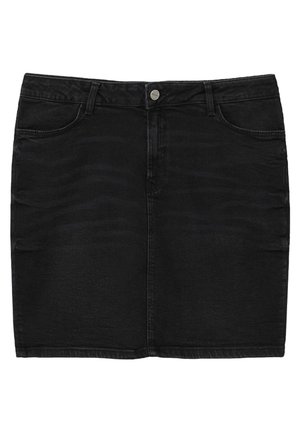 Jupe en denim noir avec cinq passants de ceinture, poches avant, fermeture à bouton, et une silhouette droite. Présente une légère variation de texture.