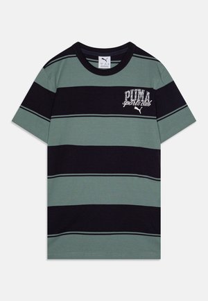 Striped t-shirt in green and black, featuring short sleeves and round neckline. Includes 'PUMA sports club' logo in a textured design.
