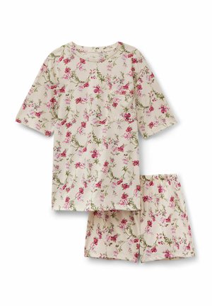 Roomwit korte mouw top en korte broek set met roze en groene bloemenprint, met een borstzakje op de top.