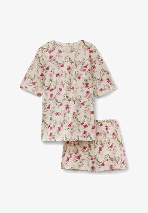 Roomwit korte mouw top en korte broek set met roze en groene bloemenprint, met een borstzakje op de top.