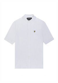 Camicia bianca a maniche corte con bottoni, realizzata in cotone, con un piccolo logo giallo ricamato sulla tasca del petto. Design del colletto classico.