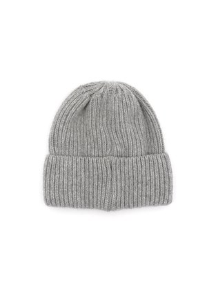 Gray knitted beanie hat with a ribbed texture, featuring a folded cuff at the bottom. Soft wool or acrylic material.