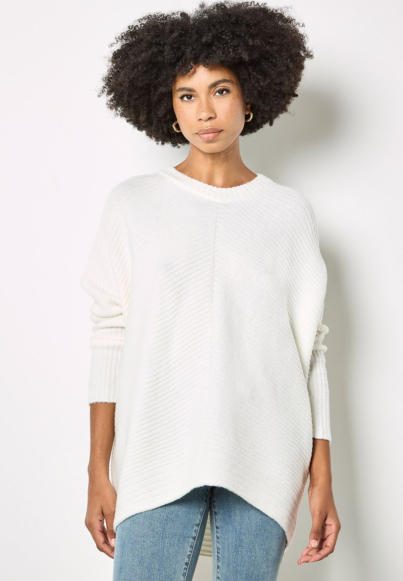 Pull en maille blanche surdimensionné avec texture côtelée, encolure ronde et manches tombantes, associé à un jean bleu clair.