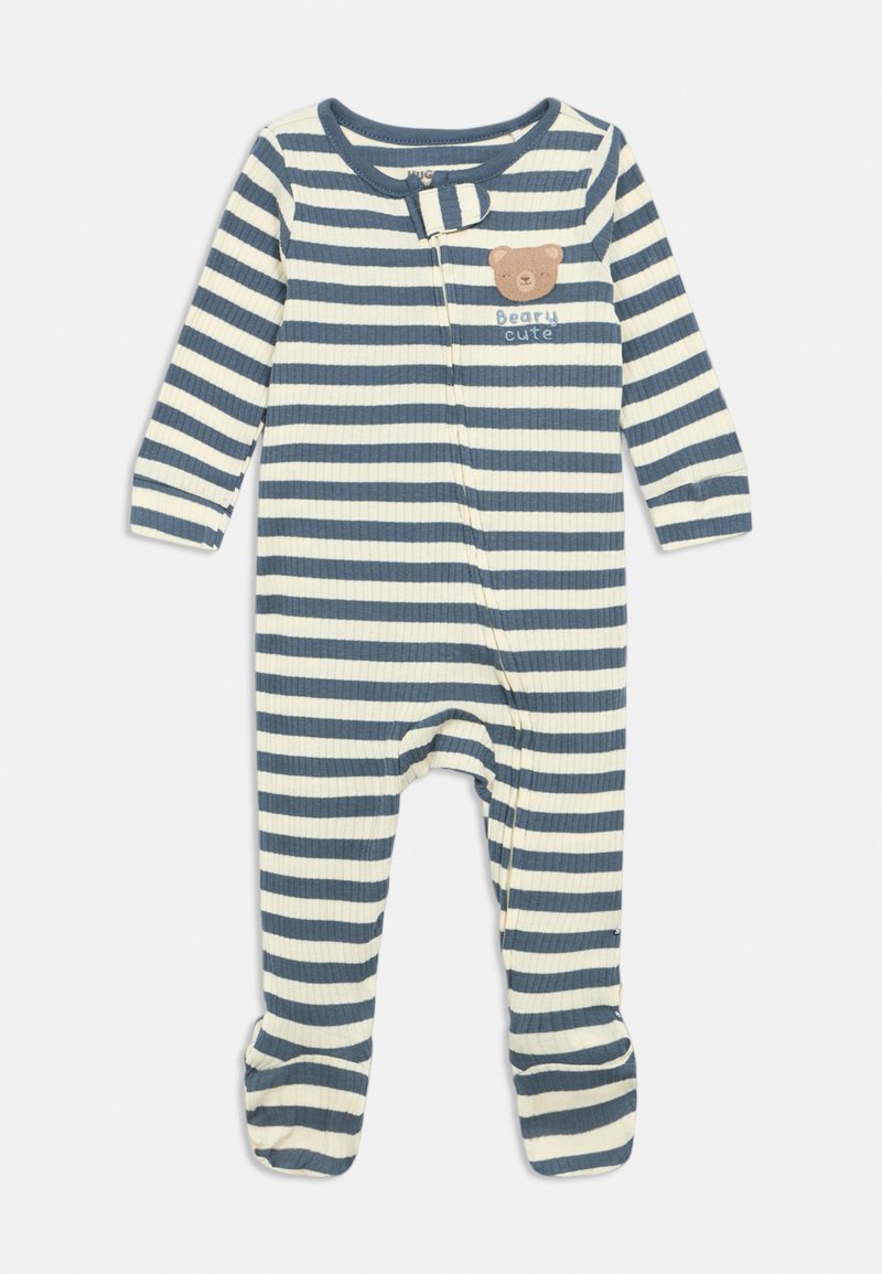 Tutina per neonato a righe blu e bianche con piedi, con zip frontale e patch di un orsetto con la scritta "Beary cute" sul petto.