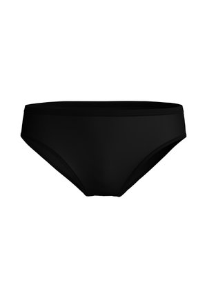 Bas de bikini noir en tissu lisse et extensible, avec une couverture modérée et un design de taille sans coutures. Pas de motifs ou accents supplémentaires.