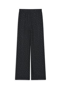 Wide-leg pants in black fabric with a soft texture, featuring a scattered white dotted pattern. Elastic waistband for easy fit.
