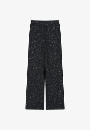 Fekete szövetből készült, laza szabású nadrág, puha tapintással, fehér pöttyös mintázattal. Rugalmas derékpánt a könnyű illeszkedés érdekében.