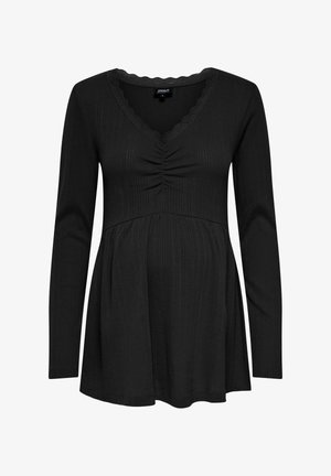 Crna dugorukava majica s V-izrezom, s detaljima u naborima na prednjem dijelu i teksturiranom rebrastom tkaninom. Čipkasti detalj na izrezu.