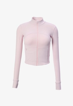 Lyserosa cropped jakke med glidelås foran, høy krage og lange ermer. Har en tettsittende design og subtile sømmer for et elegant utseende.