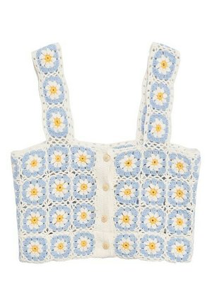 Top na szydełku z geometrycznym kwiatowym wzorem w kolorach niebieskim, żółtym i białym. Posiada guziki z przodu oraz szerokie ramiączka.