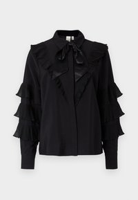Blusa nera con collo a camicia e dettaglio fiocco, dotata di rouches plissettate a strati sulle maniche e chiusura con bottoni sul davanti.