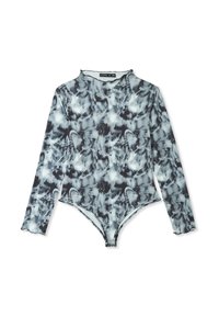 Body a maniche lunghe con un motivo astratto in nero e grigio, dotato di un collo alto e chiusura a pressione sul fondo, con una texture liscia.