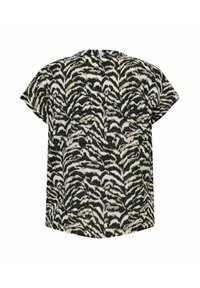 Svart och vit mönstrad kortärmad skjorta med ett zebraliknande mönster, lättviktig tyg och en avslappnad passform med rak skärning.