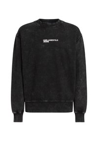 Sort sweatshirt lavet af en bomuldsblanding, med rund halsudskæring, ribbekantede manchetter, og "KARL LAGERFELD JEANS" logo i hvid på fronten.