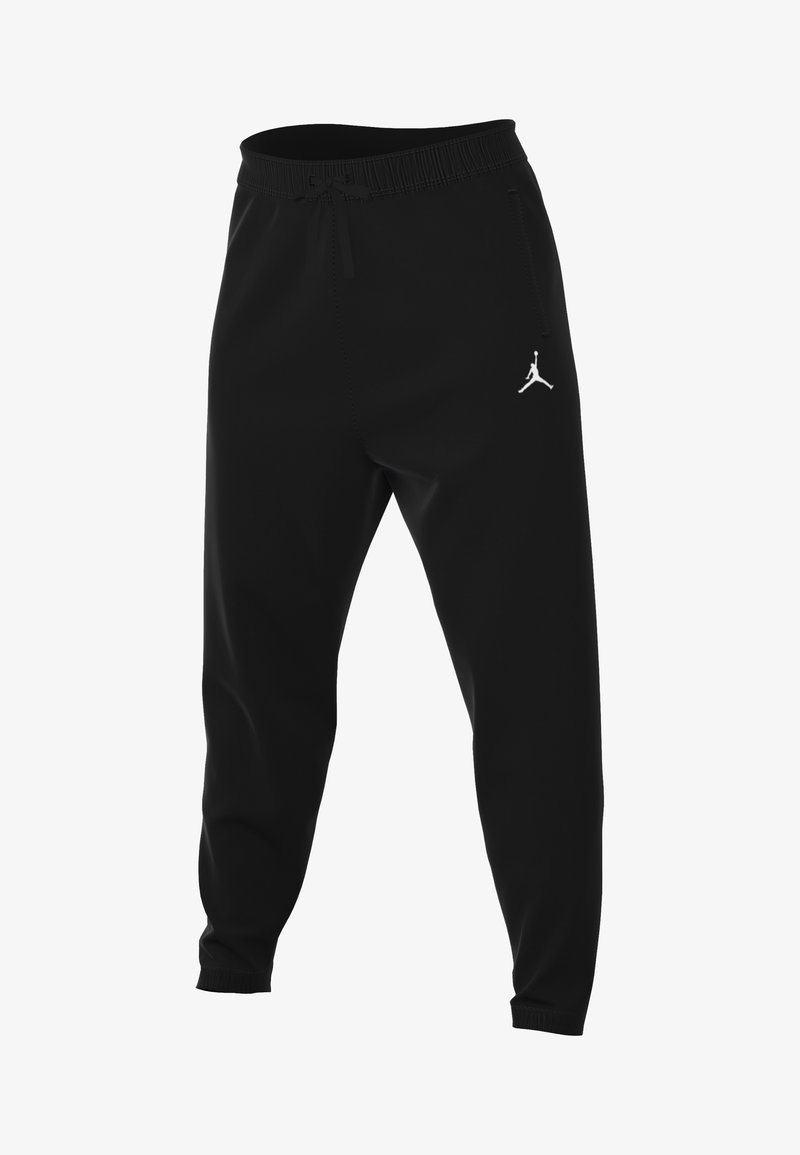 Schwarze sportliche Jogginghosen mit elastischem Bund und Kordelzug, ausgestattet mit einem kleinen weißen Logo auf der oberen linken Seite und gerippten Bündchen.