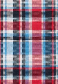 Karostoff mit einem Muster aus roten, blauen, weißen und schwarzen Quadraten. Die Textur ist gewebt, mit einem mittelschweren, strukturierten Erscheinungsbild.