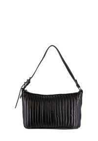 Borsa a spalla in pelle nera con pieghe verticali, tracolla regolabile e superficie liscia. Dotata di chiusura con zip per maggiore sicurezza.