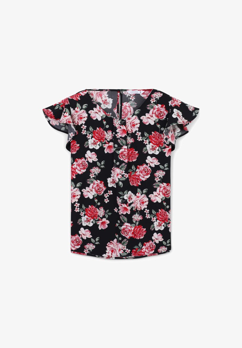 Blusa floreale con maniche corte arricciate, sfondo nero, rose rosse e pink, foglie verdi e orlo dritto con scollatura a V.