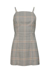 Figurbetontes kariertes Kleid mit dünnen Trägern, quadratischem Ausschnitt und subtilen beigefarbenen und orangen Akzenten auf einem schwarz-weißen Karomuster.