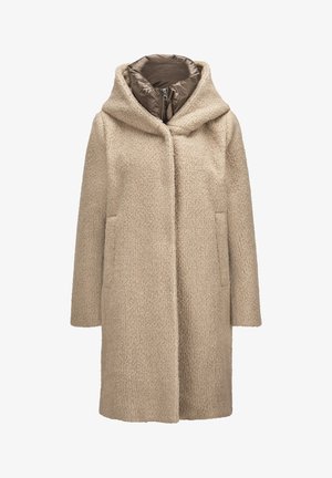 Beige strukturierter Mantel mit Kapuze und zwei Fronttaschen. Verfügt über ein braunes, mit Reißverschluss versehenes Futter. Mid-Length-Design mit lockerer Passform.