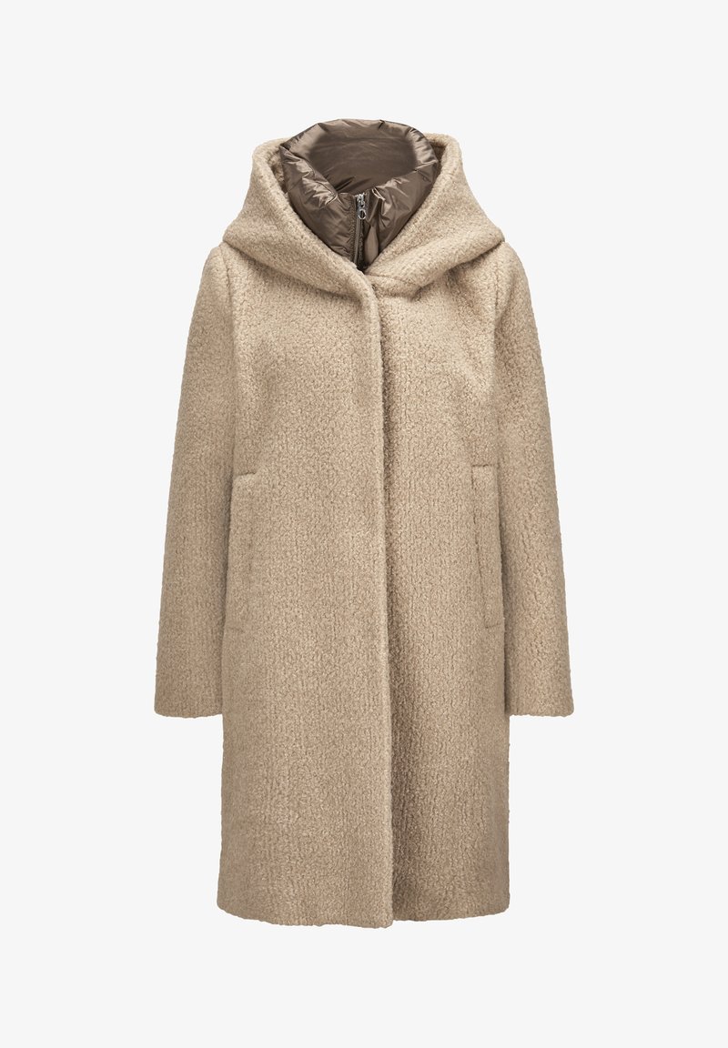 Beige strukturierter Mantel mit Kapuze und zwei Fronttaschen. Verfügt über ein braunes, mit Reißverschluss versehenes Futter. Mid-Length-Design mit lockerer Passform.