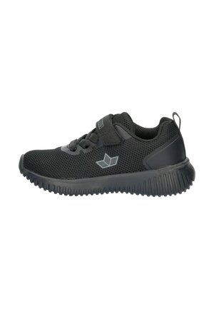 Black children's athletic shoe with mesh upper, velcro strap, laces, and textured rubber sole, shown from side on white background.