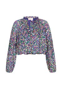 Hosszú ujjú, fodros nyakú crop blúz, megkötős zárással, színes, absztrakt tollszerű mintával lila, zöld, rózsaszín és fehér színekben.