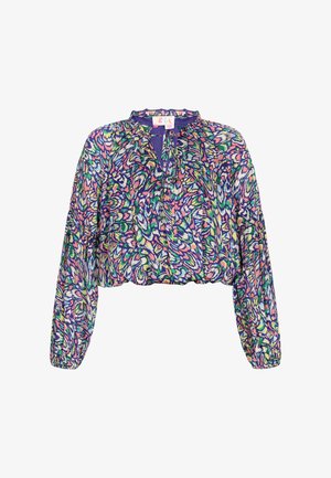Dlouhá rukávová crop blůza s volánkovým výstřihem, zavázáním na mašli a barevným abstraktním vzorem připomínajícím peří v purpurové, zelené, růžové a bílé.