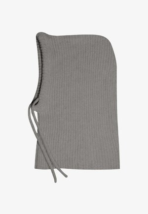 Jasnoszara, prążkowana, dziana bacaklawa z troczkiem po jednej stronie do regulacji, zaprojektowana do zakrywania głowy i szyi.