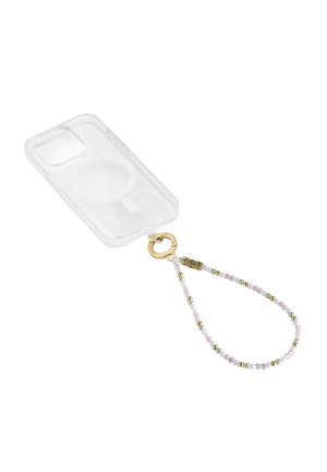 Klarer Handyhülle mit goldfarbenem Ring und perlenbesetztem Handgelenksriemen mit einer Mischung aus rosa, weißen und goldenen Perlen sowie Buchstabenperlen, die "JOY" buchstabieren.