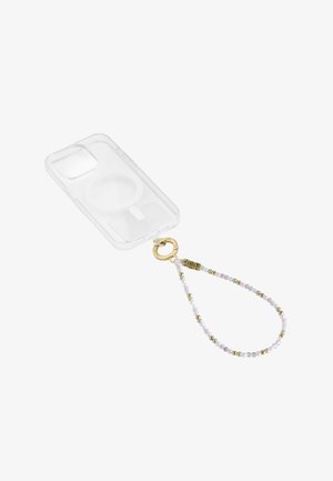 Doorzichtige telefoonhoes met gouden ring en armband met kralen, met een mix van roze, witte en gouden kralen en letterkralen met "JOY".