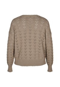 Beige knitted sweater featuring a textured diamond pattern, wide sleeves, and ribbed hem. The back view highlights the openwork design.