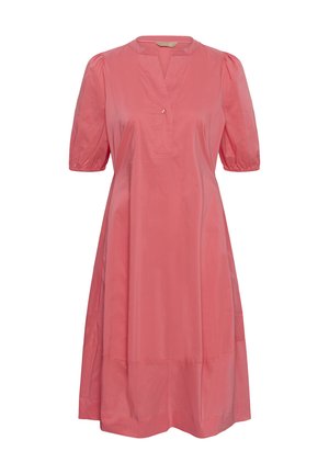 Korallinpunainen polvipituinen mekko, jossa on pussitetut lyhyet hihat, V-pääntie yhdellä napilla ja väljä A-linjainen siluetti.