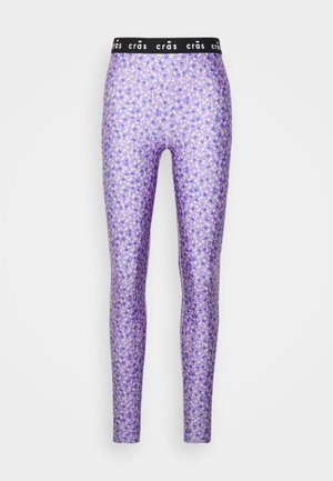 Purple leggings featuring a floral pattern with small white and blue flowers, finished with a black elastic waistband with logo.