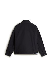 Schwarze Jacke mit minimalistischer Gestaltung, ausgestattet mit einem klassischen Kragen, Knopfverschlüssen und einer glatten Textur. Keine sichtbaren Logos oder Muster.