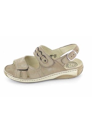 Beige leather sandal with an open toe, adjustable strap, decorative button accents, and light stitching on a cushioned sole.