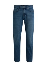 Dark blue denim jeans with a straight cut, featuring a button closure, five-pocket design, and subtle fading along the legs.