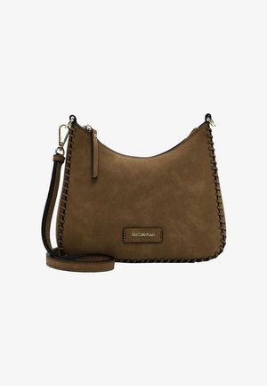 Borsa in finta pelle scamosciata marrone con dettagli cuciti, chiusura superiore con zip e tracolla staccabile. Presenta un piccolo logo impresso.
