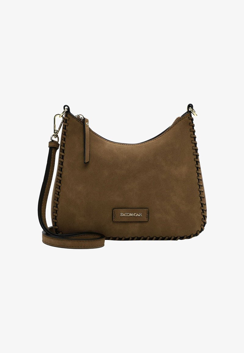 Bolso de mano de ante sintético marrón con detalles de costura, cierre superior con cremallera y una correa de hombro desmontable. Presenta un pequeño logotipo en relieve.