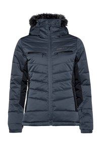 Dunkelgraue, gepolsterte Winterjacke mit schwarzen Seiteneinsätzen, Frontreißverschluss, zwei Brustreißverschlusstaschen und einer mit Fell besetzten Kapuze.