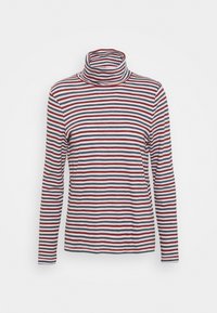 Gestreiftes langärmliges Turtleneck-Oberteil in Rot, Marineblau und Weiß. Es hat eine enganliegende Passform und eine weiche Textur, mit einem Rollkragen-Design und seitlichen Schlitzen.