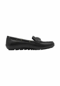 Svarta läderloafers med en slät yta, en detaljerad framsida med rem och runda metalldetaljer. Flexibel gummisula med mönster.