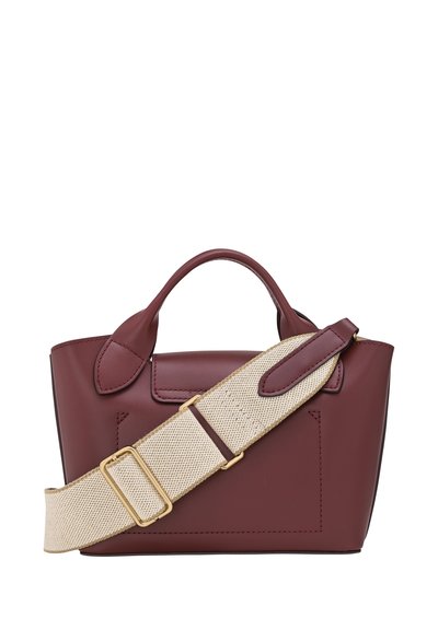 Burgundy leather handbag with two round top handles, a beige adjustable strap, and gold hardware. Features a structured shape and stitching details.