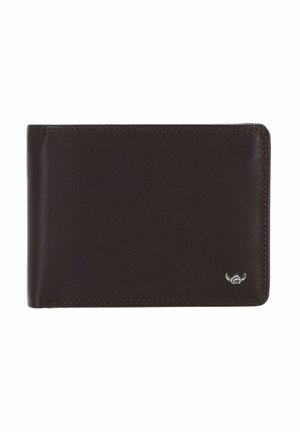 Portefeuille bifold en cuir brun foncé avec couture visible et petit emblème logo argenté en bas à droite sur fond blanc.