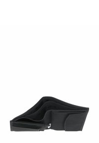 Black bi-fold wallet open, showing multiple empty card slots, a coin pocket with flap, and two bill compartments.