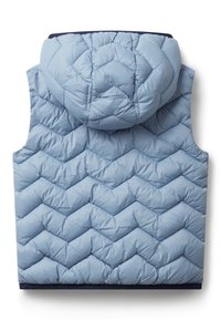 Svetle modrá prošívaná bezrukávová vesta s kapucí a vzorem klikatého stehu, zobrazená zezadu na bílém pozadí.