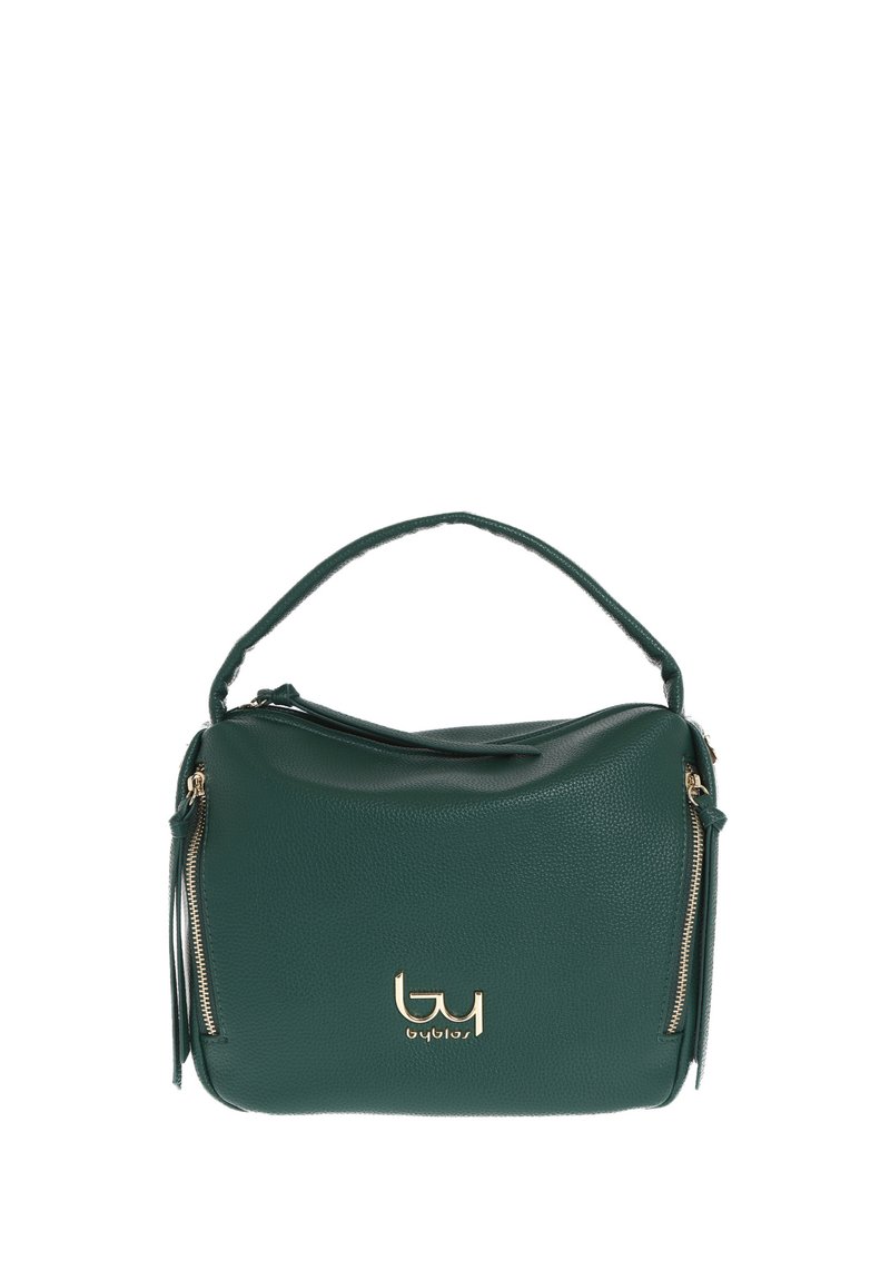 Borsa a tracolla in morbida pelle verde, con forma curva, dettagli in metallo dorato sulla cerniera e una maniglia corta. Presenta un logo del marchio in evidenza sulla parte anteriore.